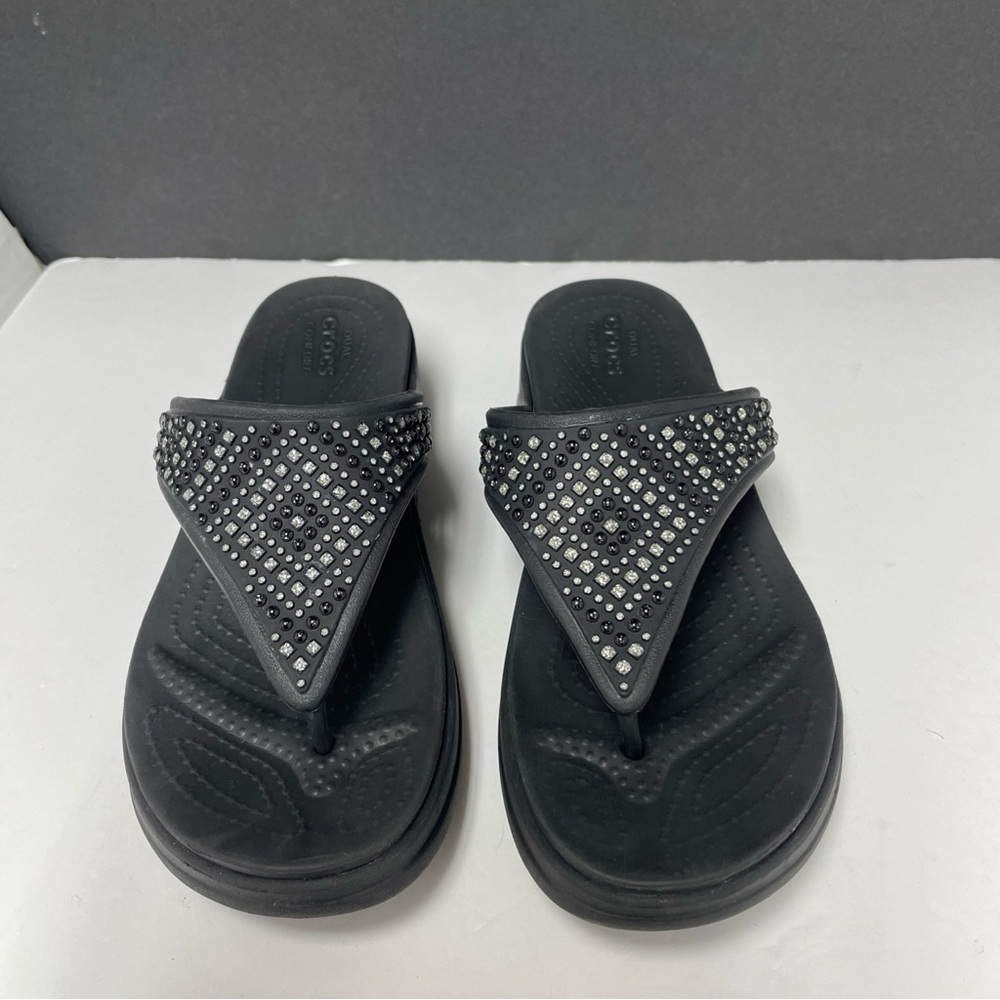 Crocs Monterey Sandals womens 7 Toe Post Black‎ Shimmer Embellished